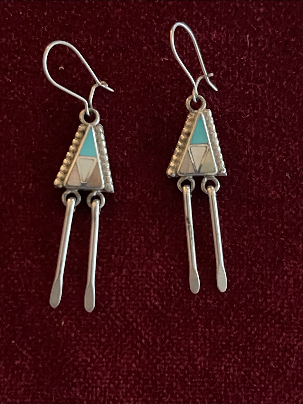 Sterling Silver Turquoise and Mother of Pearl Inlay Drop Earrings